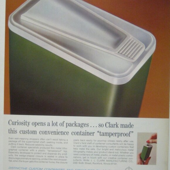 Curiosity Stops  JL Clark Green Container Tamperproof 1967 Vintage Print AD - Picture 2 of 2